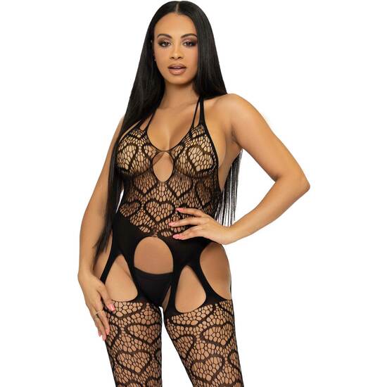 Body meia arrastão Leg Avenue com corações - preto