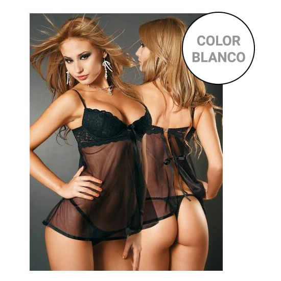 Babydoll sensual em renda branca e microtule com abertura na