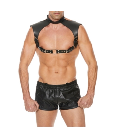 HARNESS WITH NECK COLLAR Arnês masculino com cor - couro - preto