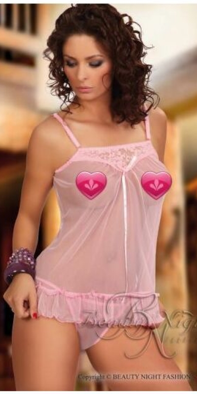 PICARDÍA CANESÚ Babydoll sexy de microtule rosa com pala de renda rosa