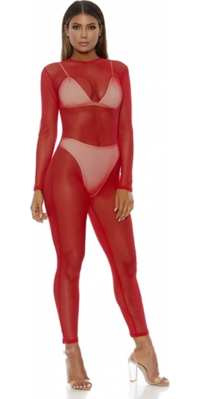 MONO ROJO DE MALLA Transparente com mangas compridas