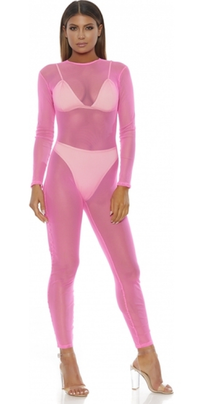 BODY DE MALLA MICRO PINK Lingerie erótica de malha transparente, ajustável.