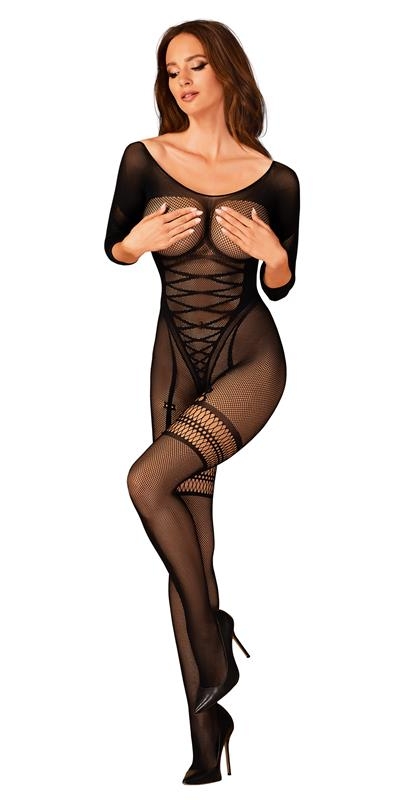 BODYSTOCKING G329 Bodystocking negro floral, mangas largas, entrepierna aberta. bodystocking preto floral,