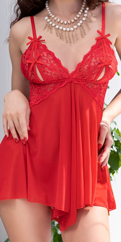 CAMISA DE NOITE E TANGA CR-446 Babydoll sedutor vermelho de tule e renda.