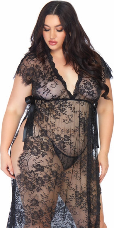 LACE KAFTEN Kaftan floral com tanga - preto