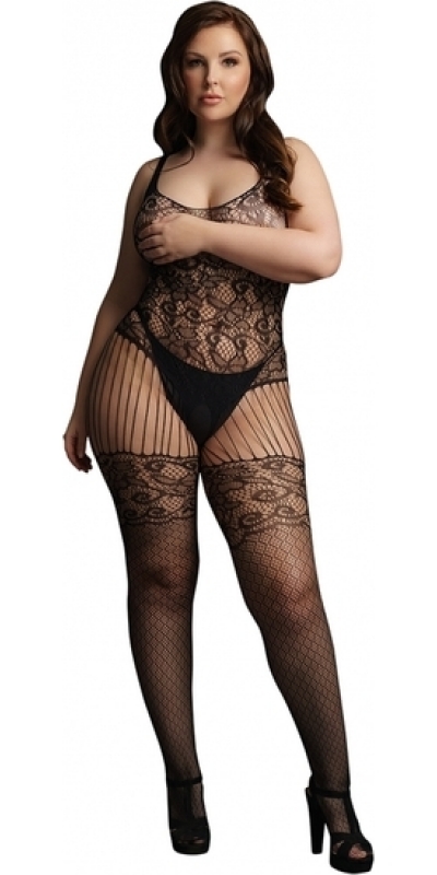 LACE AND FISHNET BODYSTOCKING Macacão de corpo inteiro sexy com meias arrastão