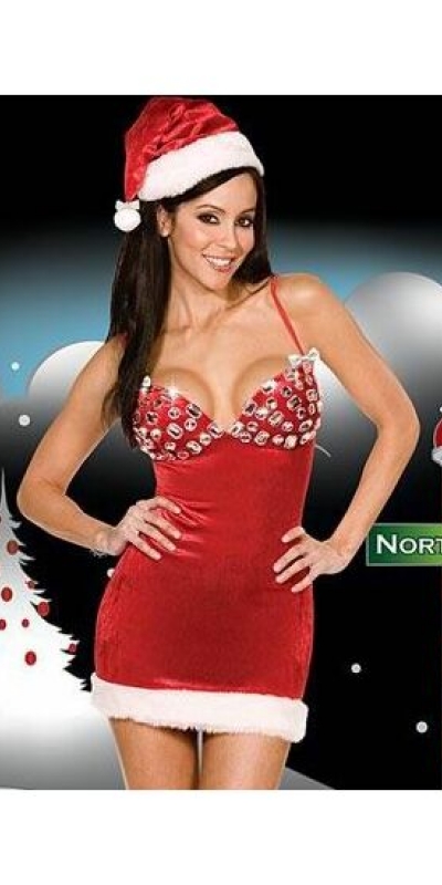 DISFRAZ NAVIDEÑO SENSUAO Vestido sensual de natal em têxtil plush com dedeiras nas fontes