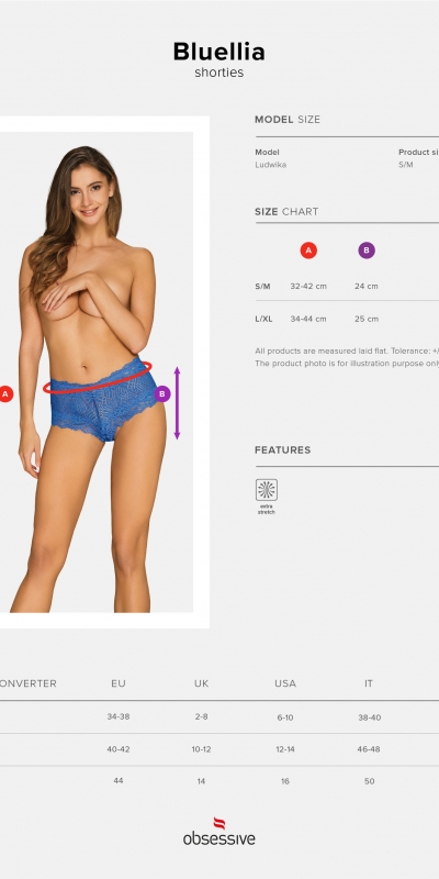 BLUELLIA Shortinho de renda azul: lingerie sexy e elegante.