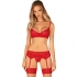 Conjunto vermelho de lingerie erótica: sutiã, cinta-liga, tanga.